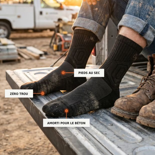 Un ouvrier assis sur le plateau d'une camionnette, les pieds dans des chaussettes Sokko Pro : pieds au sec, zéro trou, amorti pour le béton.