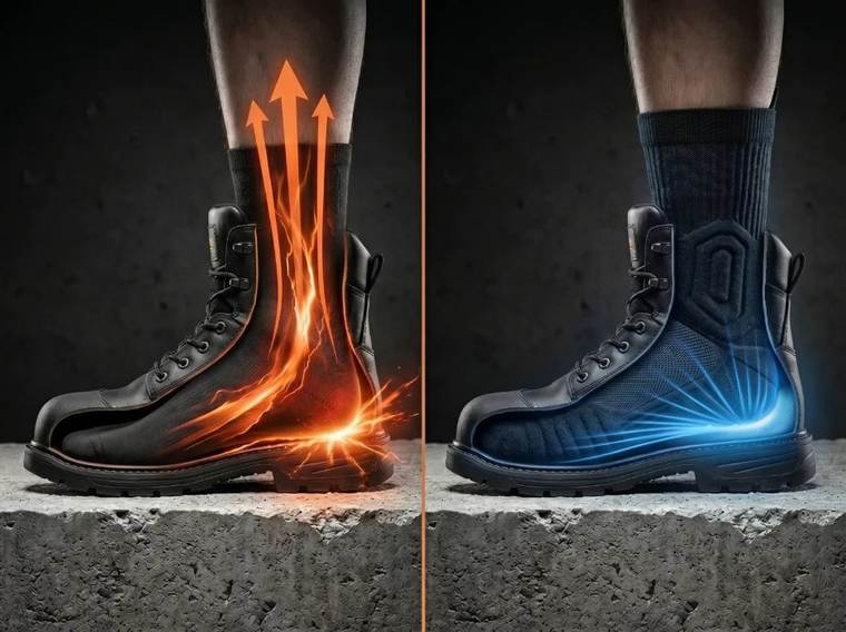 Comparaison entre une chaussette classique, qui laisse la chaleur et les chocs remonter dans la jambe, et la Sokko Pro, qui amortit le talon.