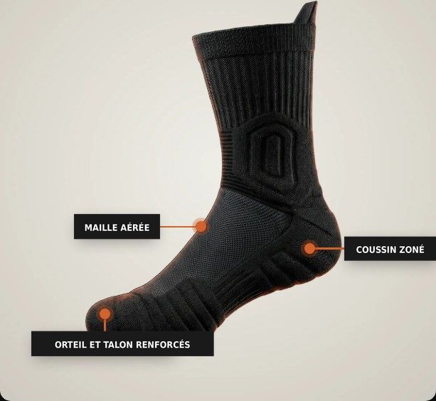 Schéma de la chaussette Sokko Pro : maille aérée, coussin zoné, orteil et talon renforcés.